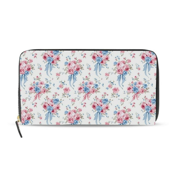 Qxltty Pink Blue Flowers Ribbons Women's Leather Wallet Fashion Retro Multi Card Holder with Cell Phone Pocket Mothers Day Gifts