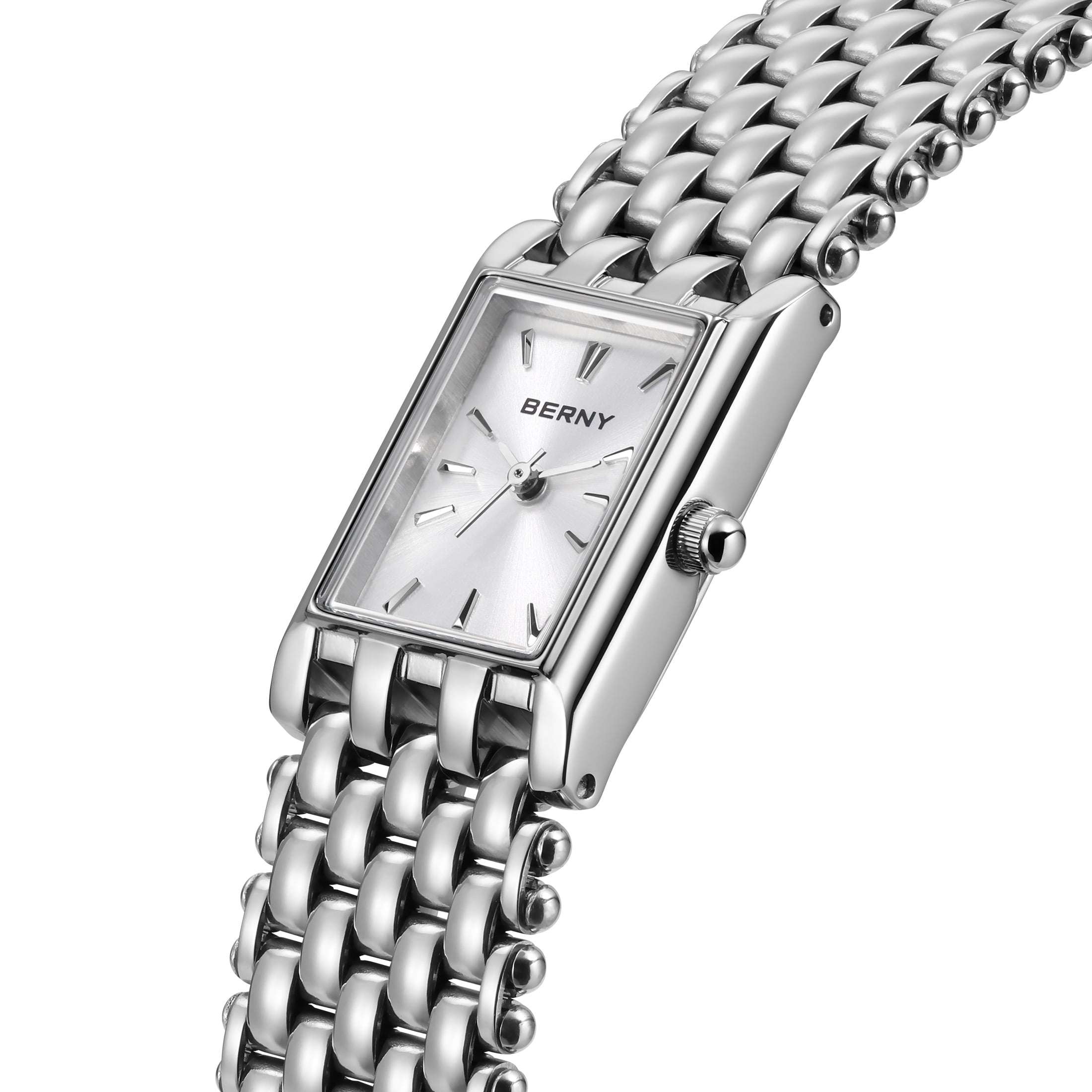 BERNY Small Silver Watches for Women, Dainty Rectangular Women Watch with Stainless Steel Bracelet Band, Japanese Quartz Movement, 3ATM Waterproof, Classic Dress Ladies Wristwatch (Silver)