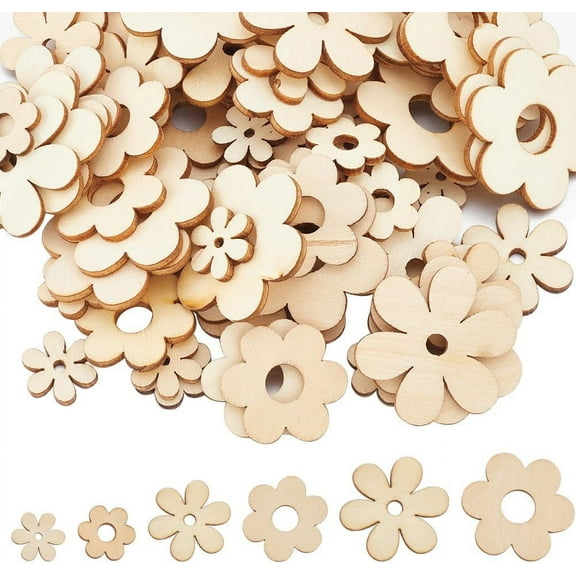 100Pcs Wooden Flower Crafts Mini Wood Embellishments Unfinished Flowers Shape Wooden Cutout Slices Scrapbooking Decorative Handmade Ornament for Graffiti Craft Making Home Decor DIY Supplies DIY
