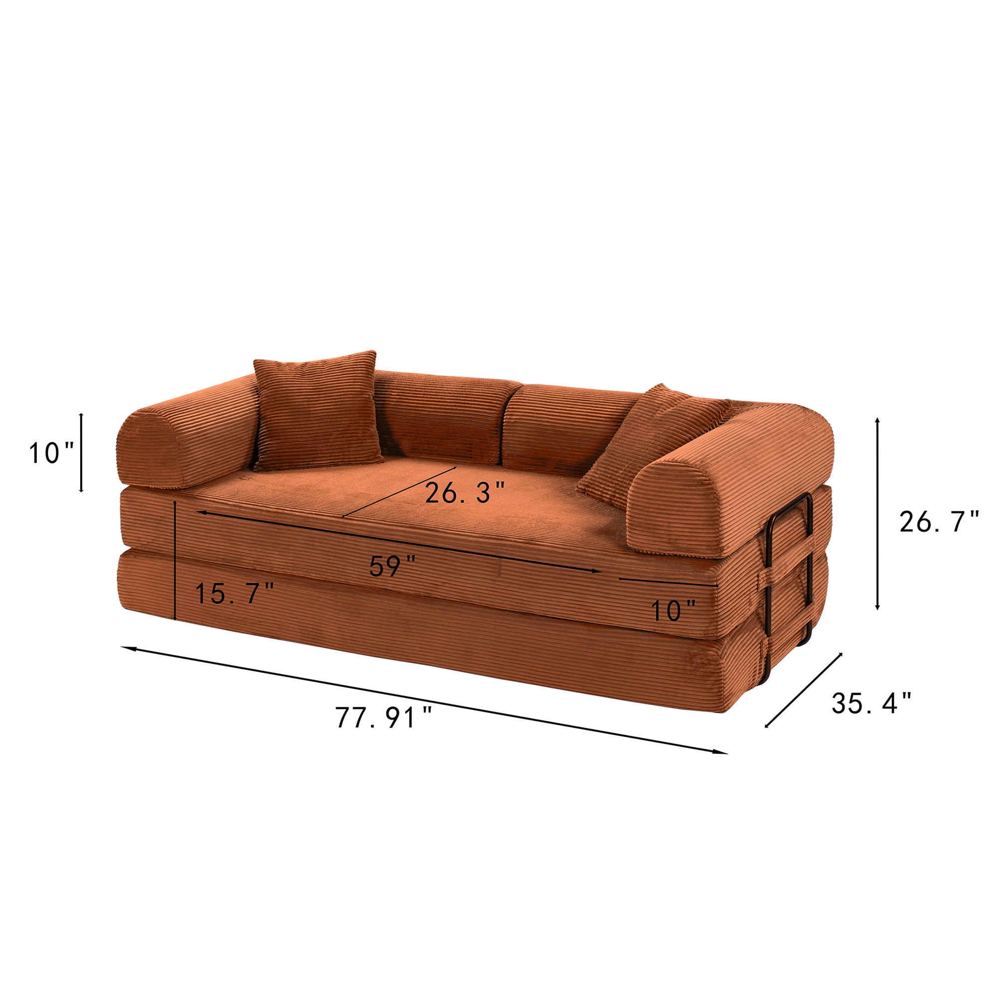 Miniyam Convertible Sleeper Sofa Bed with Cylindrical Pillow - Corduroy Folding Mattress Couch with Fixed-Shape Frame for Living Room, Bedroom, Lounge, Studio - Orange