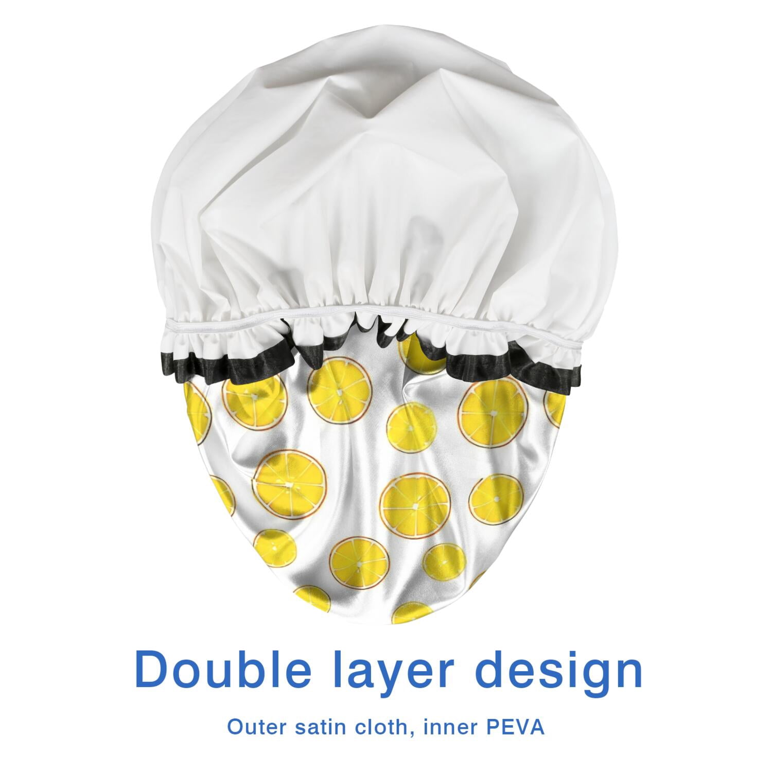 Shower Caps,Yellow Lemon Fruit Slices White Pattern Waterproof Shower Cap for Women 4 Pieces,Double Reusable Hair Cover for Shower PEVA Elastic Stretch Hem