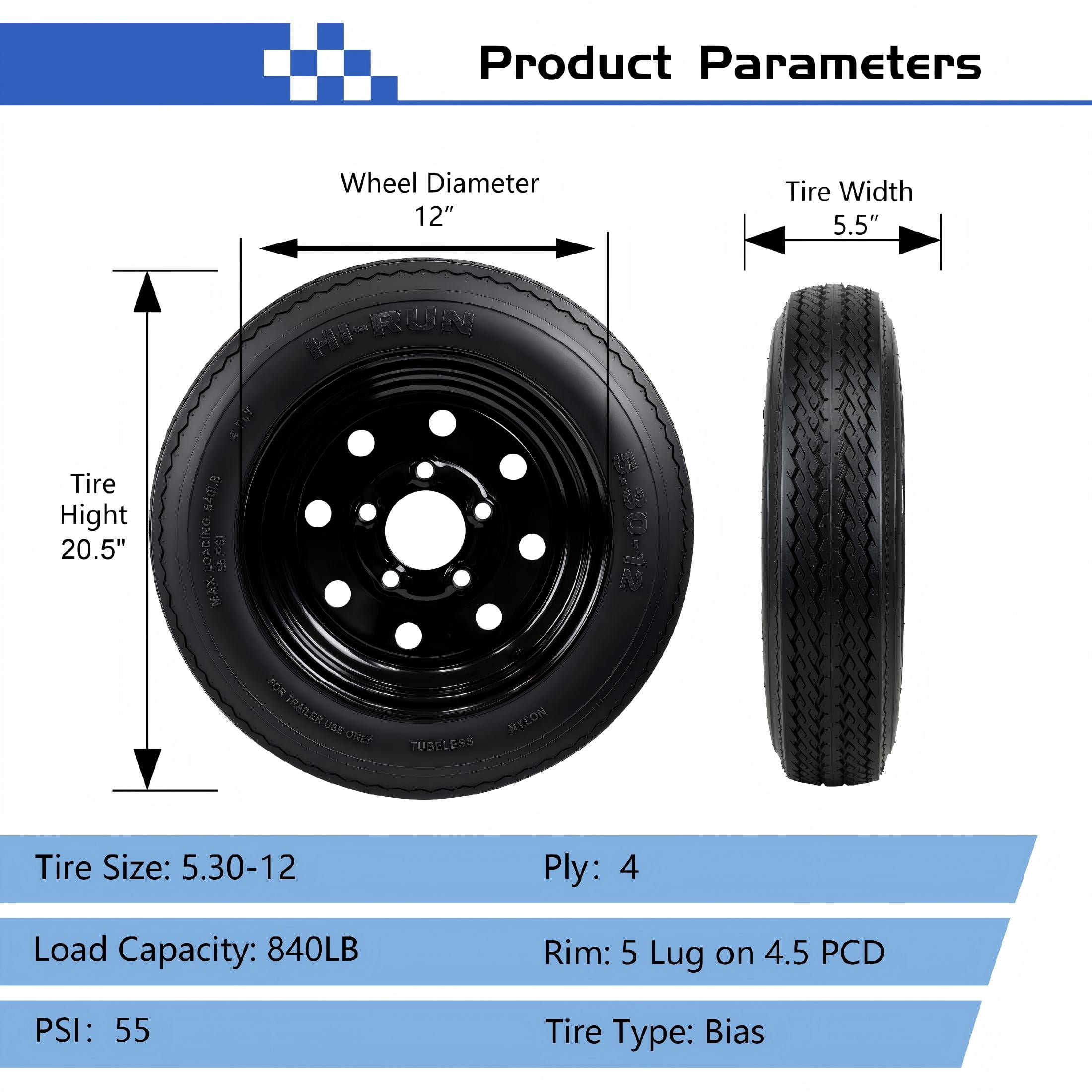 Hi-Run 2 Set SU02 5.30-12 4PR Boat Trailer Tire and 5-Lug Black Mod Wheel Assembly