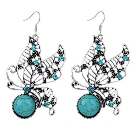 - New Fashion Women Vintage Necklace Earrings Butterfly Pendants Alloy Turquoise Rhinestone Ladies Jewelry Necklaces For Gifts