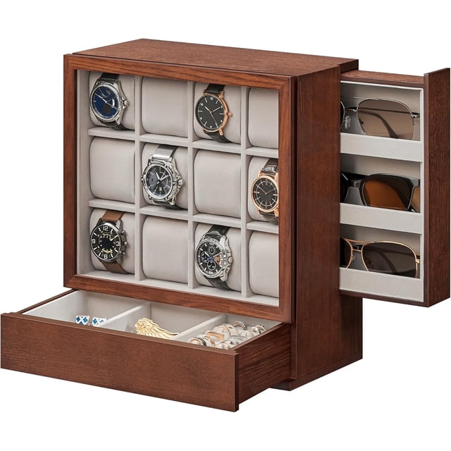 SONGMICS Caja para Relojes con 12 Ranuras, Expositor con Ventana, Chapa de Madera Maciza, Forro de Terciopelo, Marrón Café