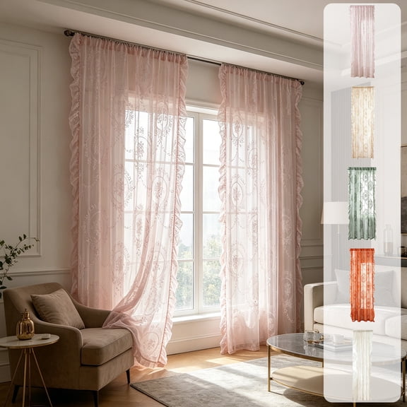 AYktou Floral Lace Sheer Curtains, 39.4×55.1 Inch Farmhouse Rod Pocket Window Voile Sheer Drapes, Ruffled Window Curtain Light Filtering Chic Window Drapes for Bedroom Kitchen Living Room Decor