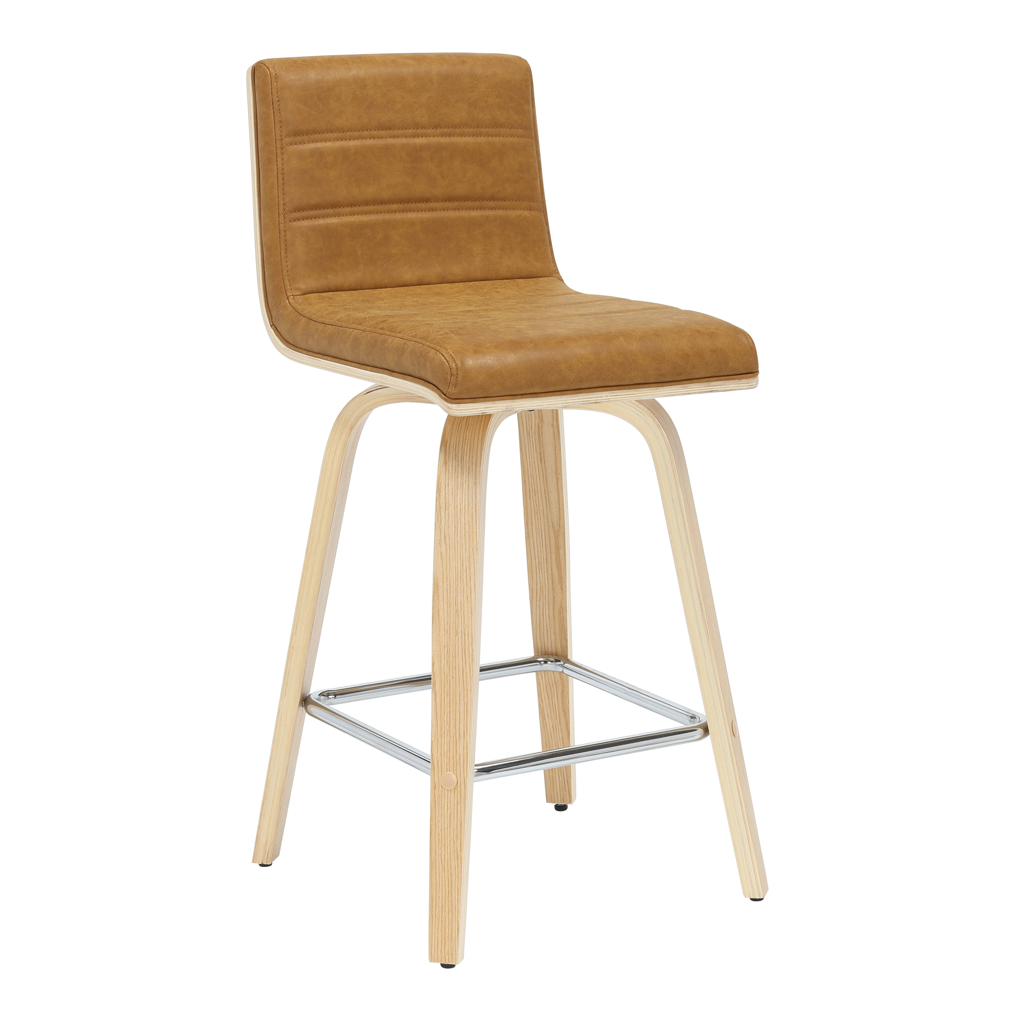 Vienna 35.5 in. H Swivel Counter Height Camel Square Back Wood Bar Stool with Faux Leather Seat Set of 4