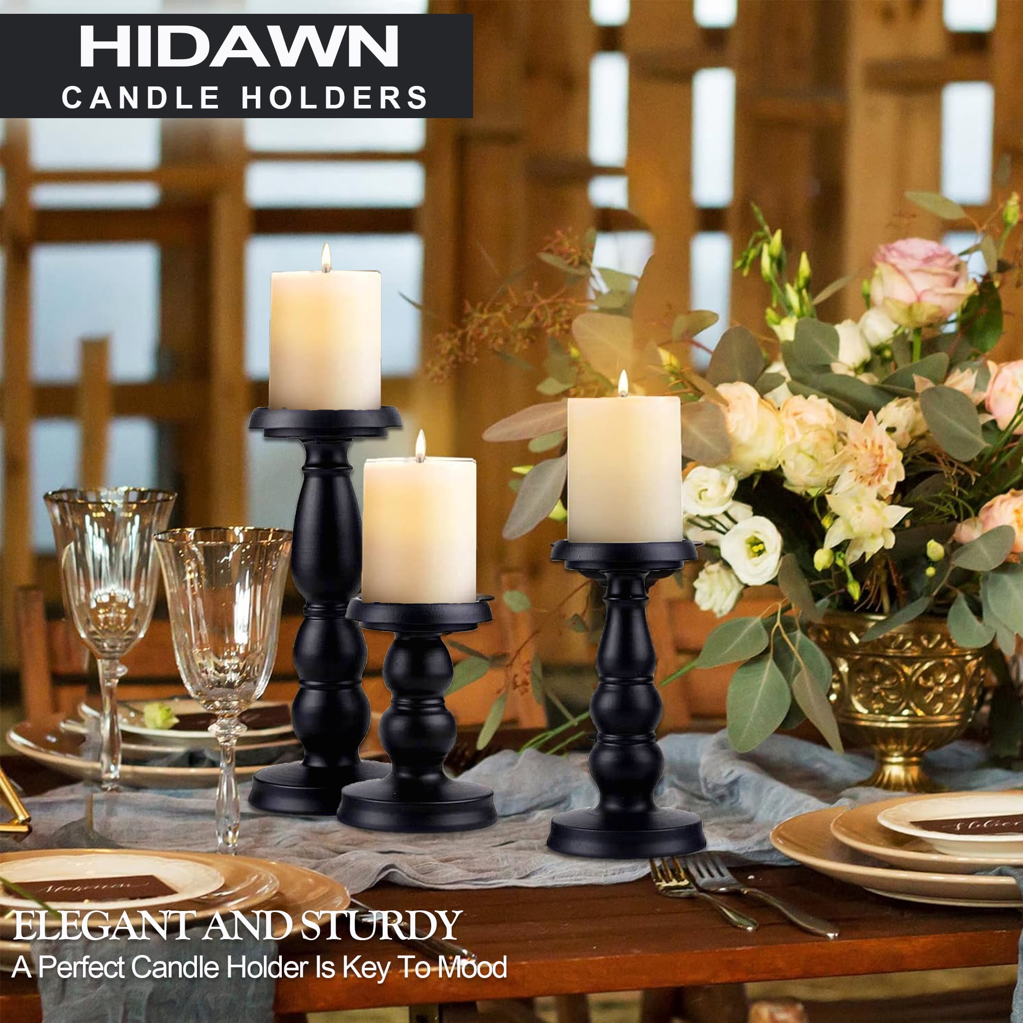 HIDAWN Pillar Candle Holder, 3 Pack Metal Black Retro Candle Stick Holders for Firplace Table Centerpiece Wedding Decoration