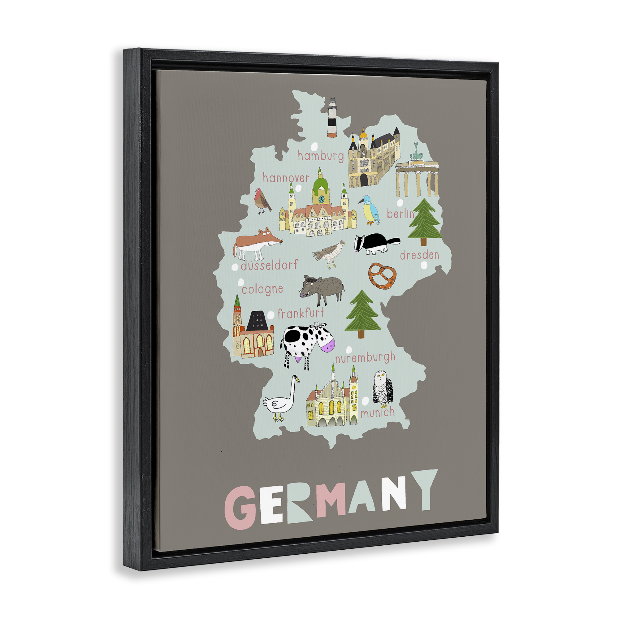 Kid's Map of Germany Black Framed Floater Canvas Wall Art, design by Carla Daly