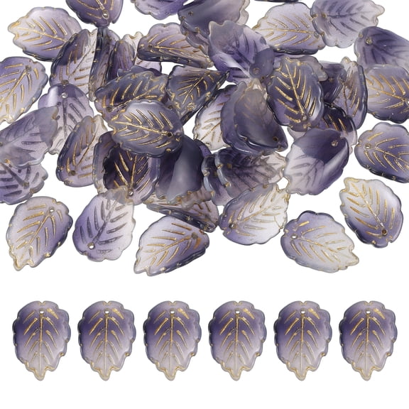 Uxcell Glass Leaf Beads, 50Pcs Cute Crystal Lamp Work Leaf Charms, Translucent Czech Spacer Beads for DIY Jewelry Making Bracelets Necklace Wind Chimes Suncatchers, Dark Purple/Golden