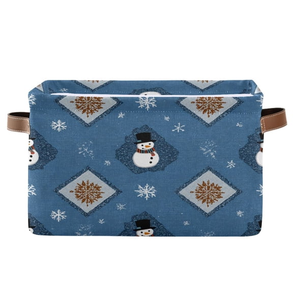 1-Pack Square Closet Organizers with Handles Open Basket Bins Snowflakes and Smiling Snowmen Storage Basket for Home Office