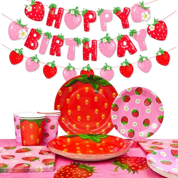 Strawberry Party Supplies,Strawberry Birthday Tableware Set - Strawberry Plates and Napkins Cups Tablecloth etc Strawberry Party Supplies for Strawberry Shortcake Decorations Girls Baby,Serves 16