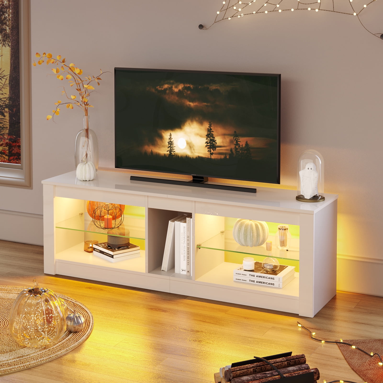 Bestier TV Stand for TVs up to 60" Entertainment Center with LED Lights Storage Shelves Modern High Gloss Console Table, White