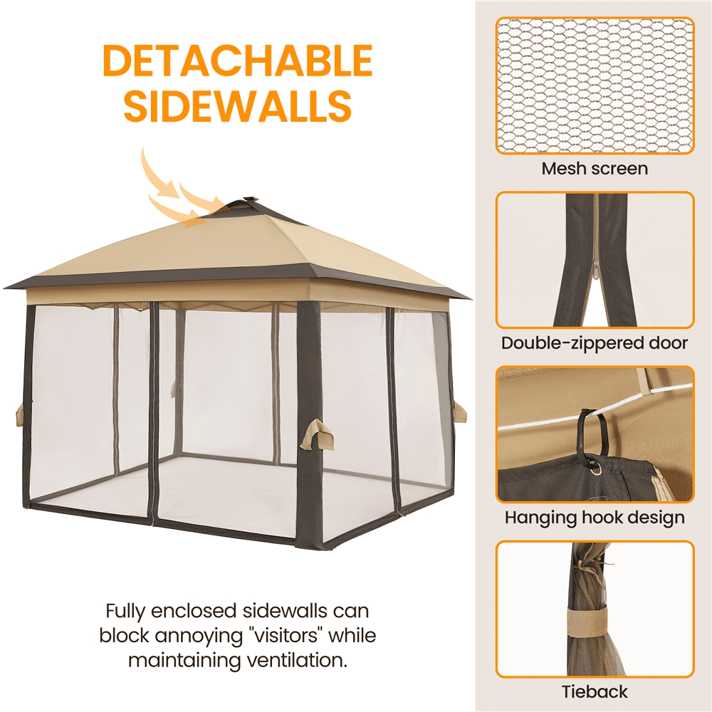 Alden Design Pop-Up Canopy Metal Frame Outdoor Gazebo with Double Tiers and Mesh Netting Solar LED Lights for Weddings Patio Garden Khaki/Brown