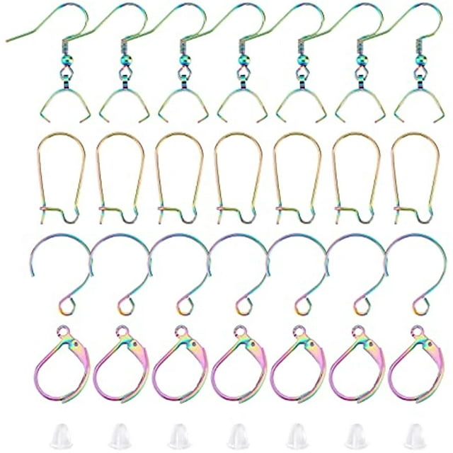 64 Pcs 4 Styles Crochets à Levier pour Boucles d'Oreilles Fils d'Oreille Crochets à Poisson Crochets à Boucle d'Oreille Crochets à Boule d'Oreille avec Fermoir Pendentif. Comprend des Crochets Ronds, des Crochets à Levier, des Crochets en Fil et des Crochets à Boucle d'Oreille en Fini Arc-en-Ciel Multicolore. Fabriqué en Acier Inoxydable 304 durable avec Placage Électrolytique à Haute Brillance. Emballé dans une Boîte avec 16 Pcs par style, Totalisant 64 Pcs. Idéal pour l'Artisanat de Bijoux et les occasions de Cadeaux.