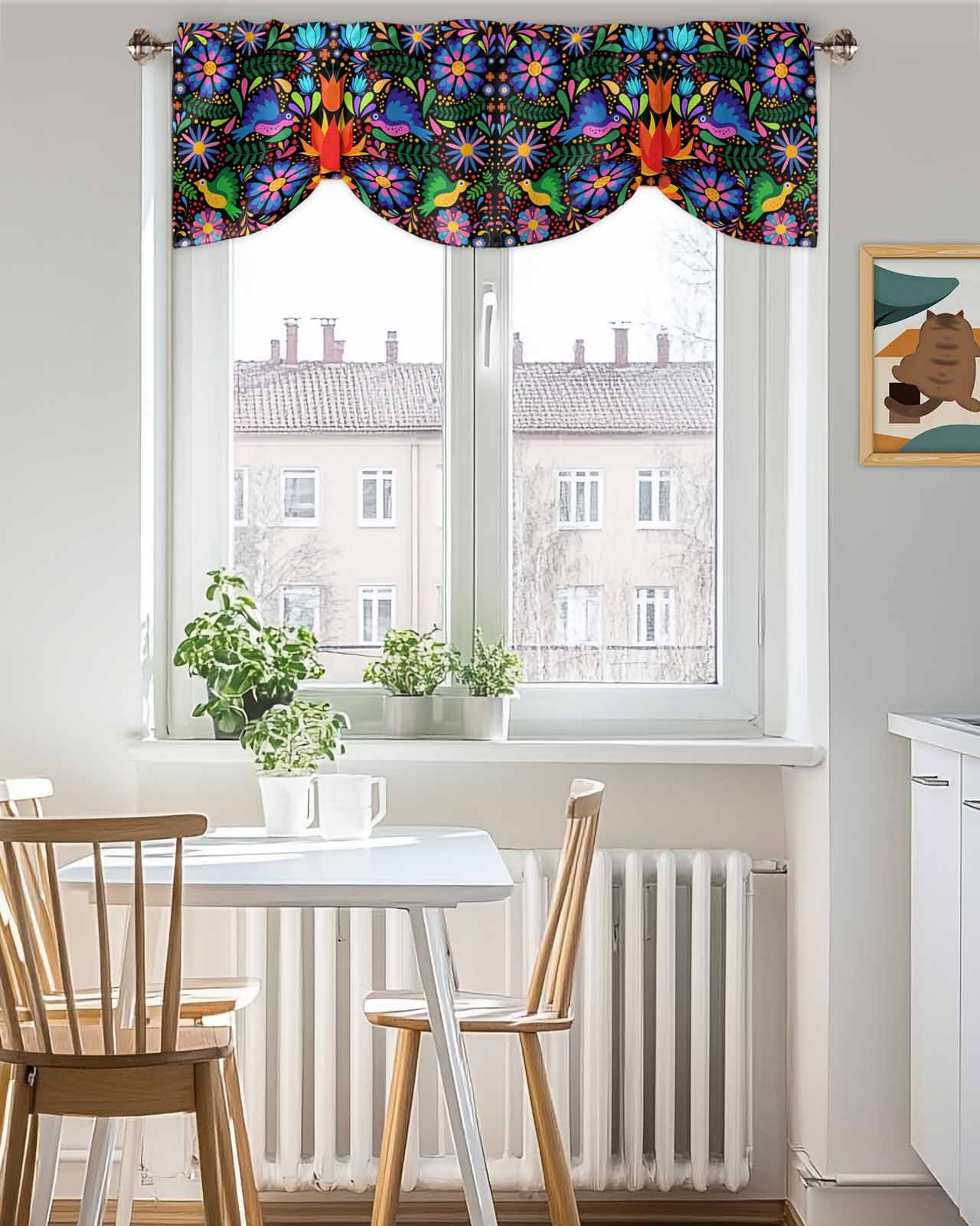 Colorful Mexican Floral Tie Up Valances Curtain, Adjustable Kitchen Bird Rustic Assorted Flower Valances for Windows Decor, Rod Pocket Short Curtains Set for Bedroom/Bathroom, 60"x18"