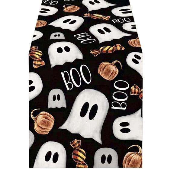 Halloween Tablecloth Runner 13x90Inch, Fall Ghost Printed Table Scarf, Flannel Long Absorbent Party Cover for Dining Kitchen Buffet Holiday Decor