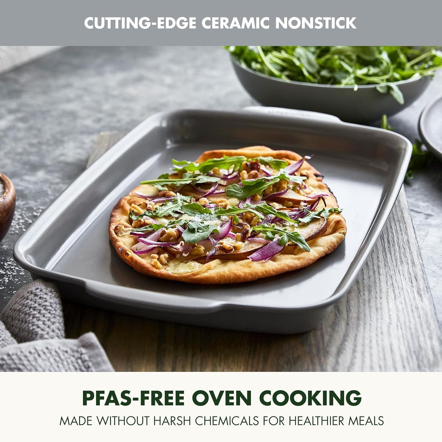 Ovenware Healthy Ceramic Nonstick 13" x 9" Quarter Sheet Baking Pan, PFOA & PFAS-Free, Warp-Free Bakeware, Durable Quick Heating, Oven & Broiler Safe to 600F, Dishwasher Safe, Gray
