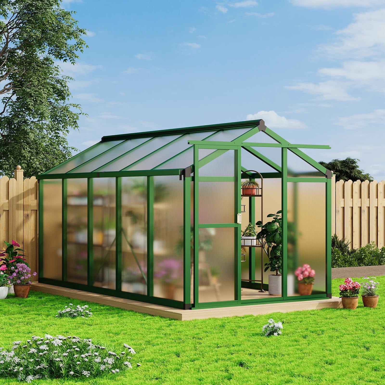 Luku 6x10 FT Walk-In Greenhouse, Heavy Duty Aluminum Frame & PET Panels, Outdoor Garden Greenhouse with Drainage System