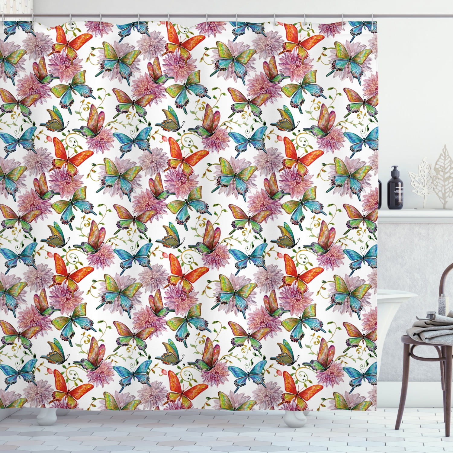 Butterfly Shower Curtain, Flying Butterflies with Floral Elements Vivid Color Palette