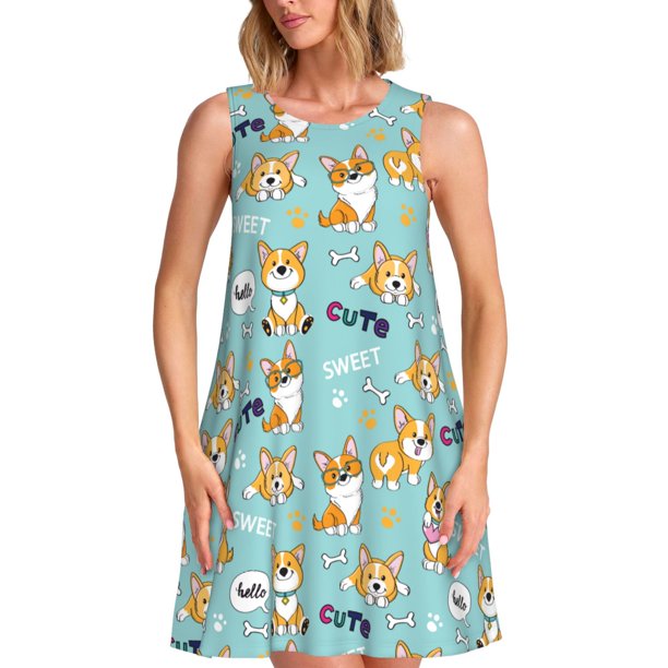 Disketp Cute Dogs Corgi para Vestido sin Mangas para Mujeres, Vestidos de Verano para Mujeres, Casual y Holgado para la Playa