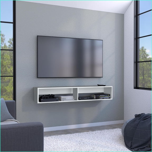 TV Furniture 59" Floating TV Stand with Open Shelves & Cable Management | White | Modern