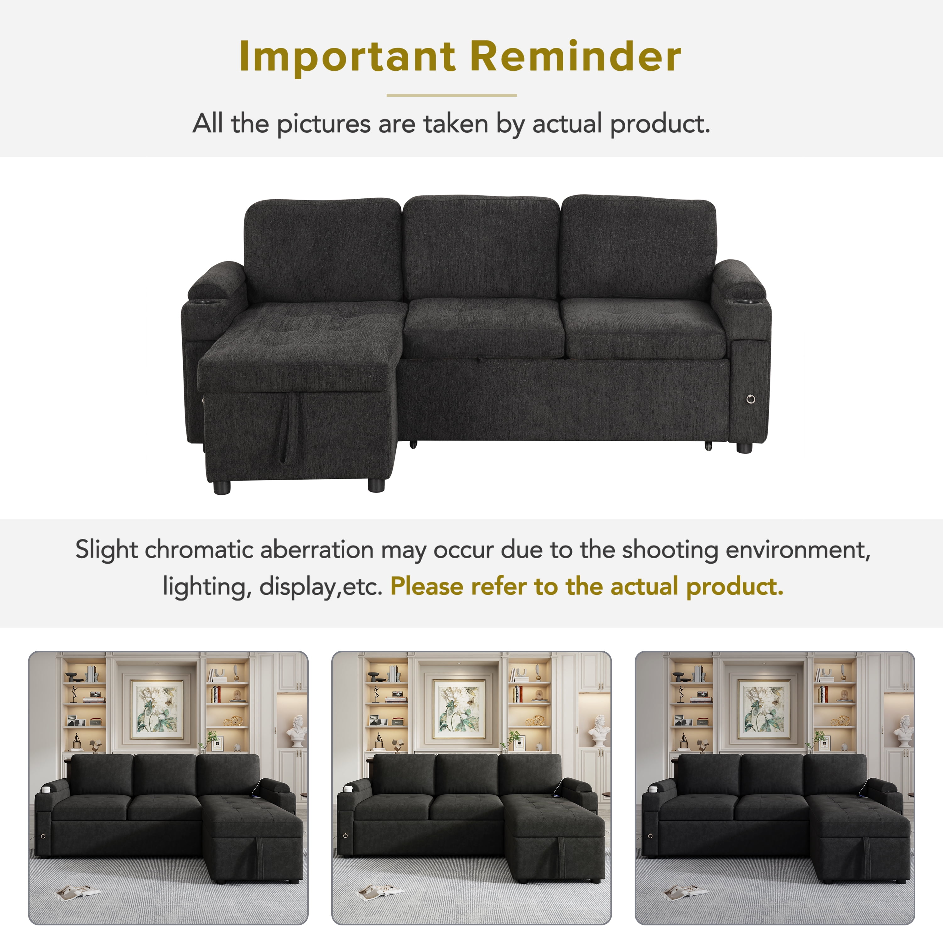 83.5" L-shaped Sofa Couch Convertible Sofa Bed Sectional Sofa with Ample Storage Space, Two Cup Holders and Two USB Ports for Living Room, Black
