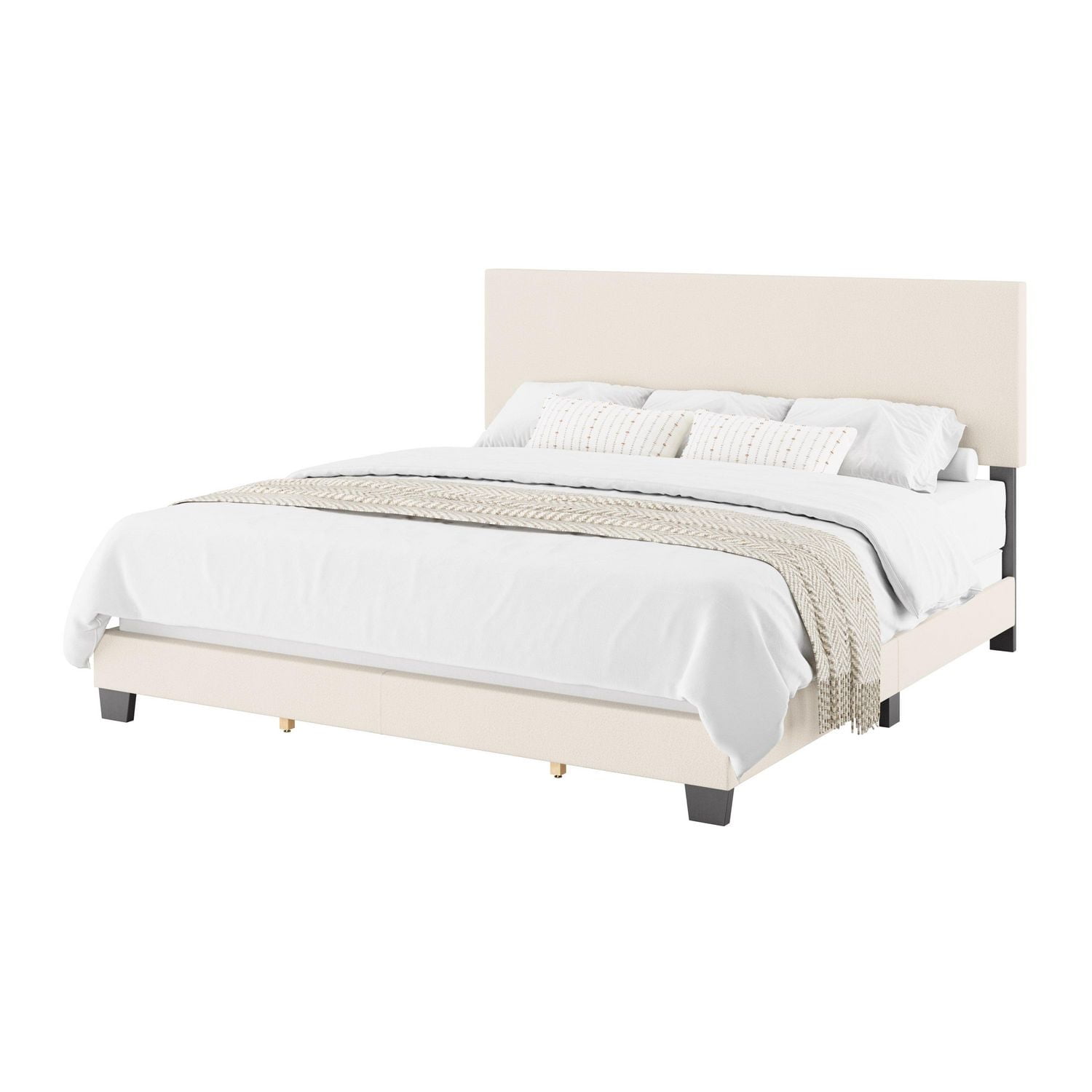 Lit adulte capitonné CorLiving Celeste en tissu bouclé blanc cassé avec tête de lit, sommier requis
