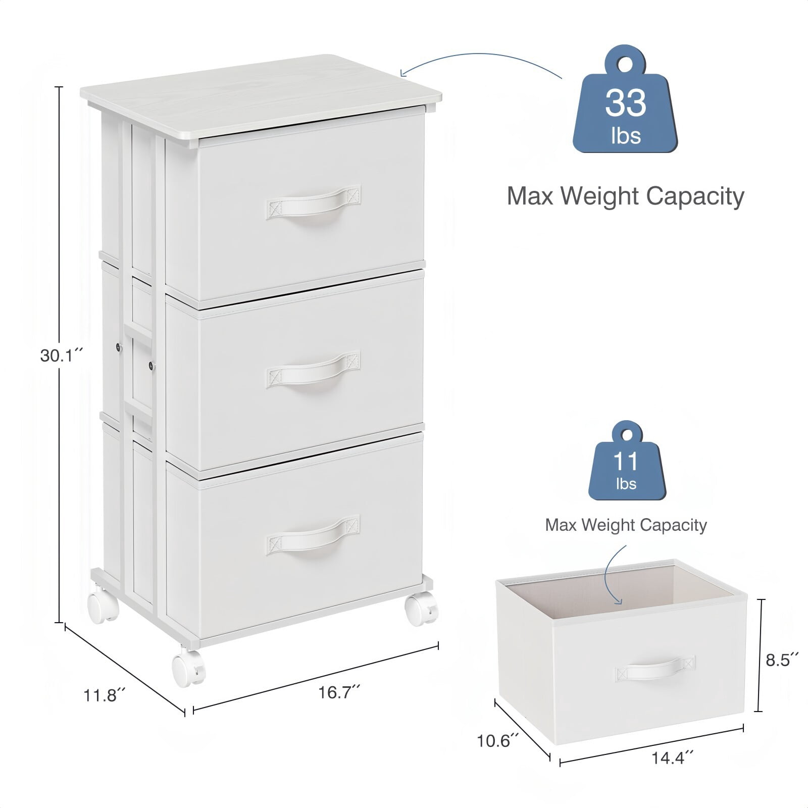 BEAUTYPEAK 3 Drawer Rolling Fabric Dresser Mobile Nightstand Storage Cabinet with Lockable Casters for Bedroom Closet Office, White