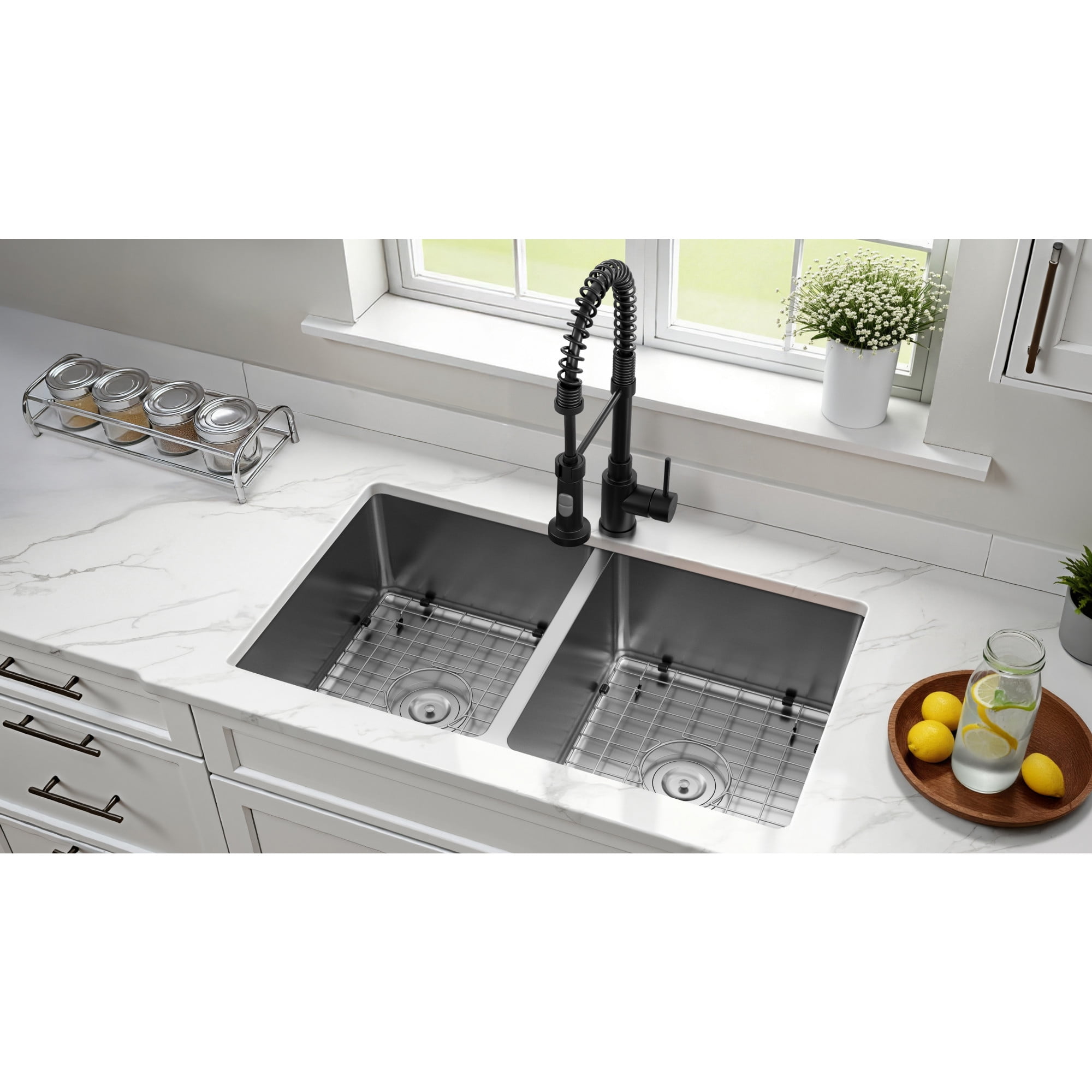 Kingston Brass GKDD332292H Calgary 33-Inch Stainless Steel Double Bowl Dual Mount Kitchen Sink with Drain in Brushed