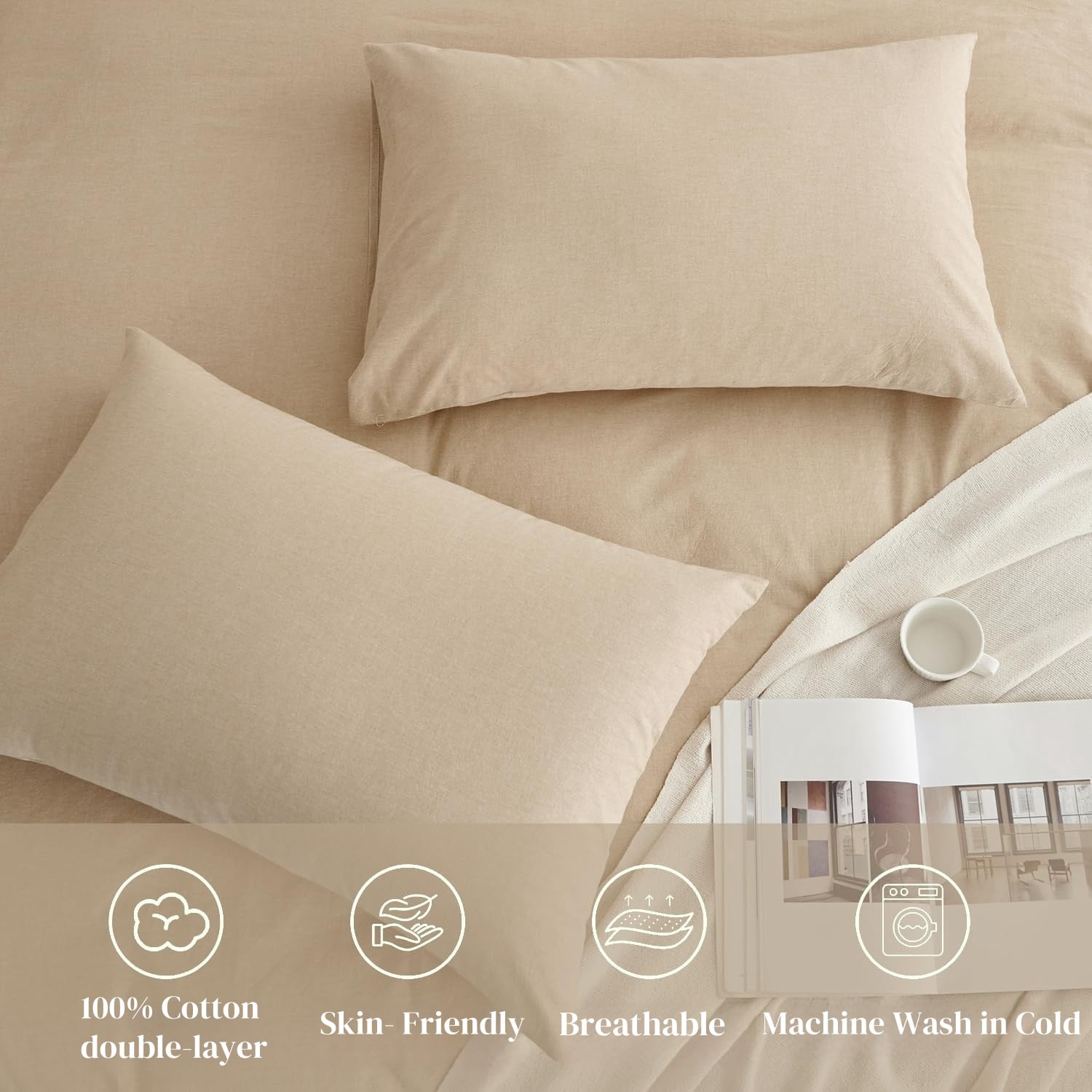 JOLUSERE 100% Organic Yarn-Dyed Cotton Duvet Cover King Set, 3 Pieces Cotton Bedding Duvet Cover,Ultra Soft & Fade Resistant,Khaki