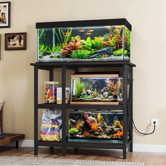 ModFusion 10-20-37 Gallon Fish Tank Stand with Power Outlets, 3-Tier Heavy Duty Metal Aquarium Stand Adjustable Storage Shelf, Black