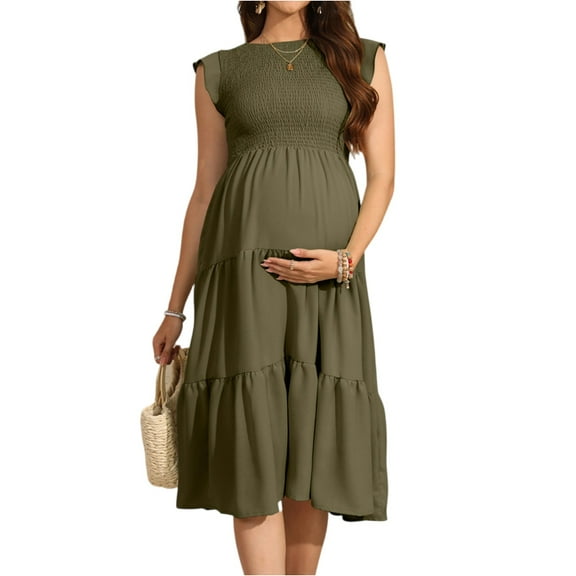 Women's Chiffon Maternity Dress Solid Sleeveless Smocked Bodice Tiered Midi Flowy Sundress for Baby Shower, Casual Wear,Army Green L