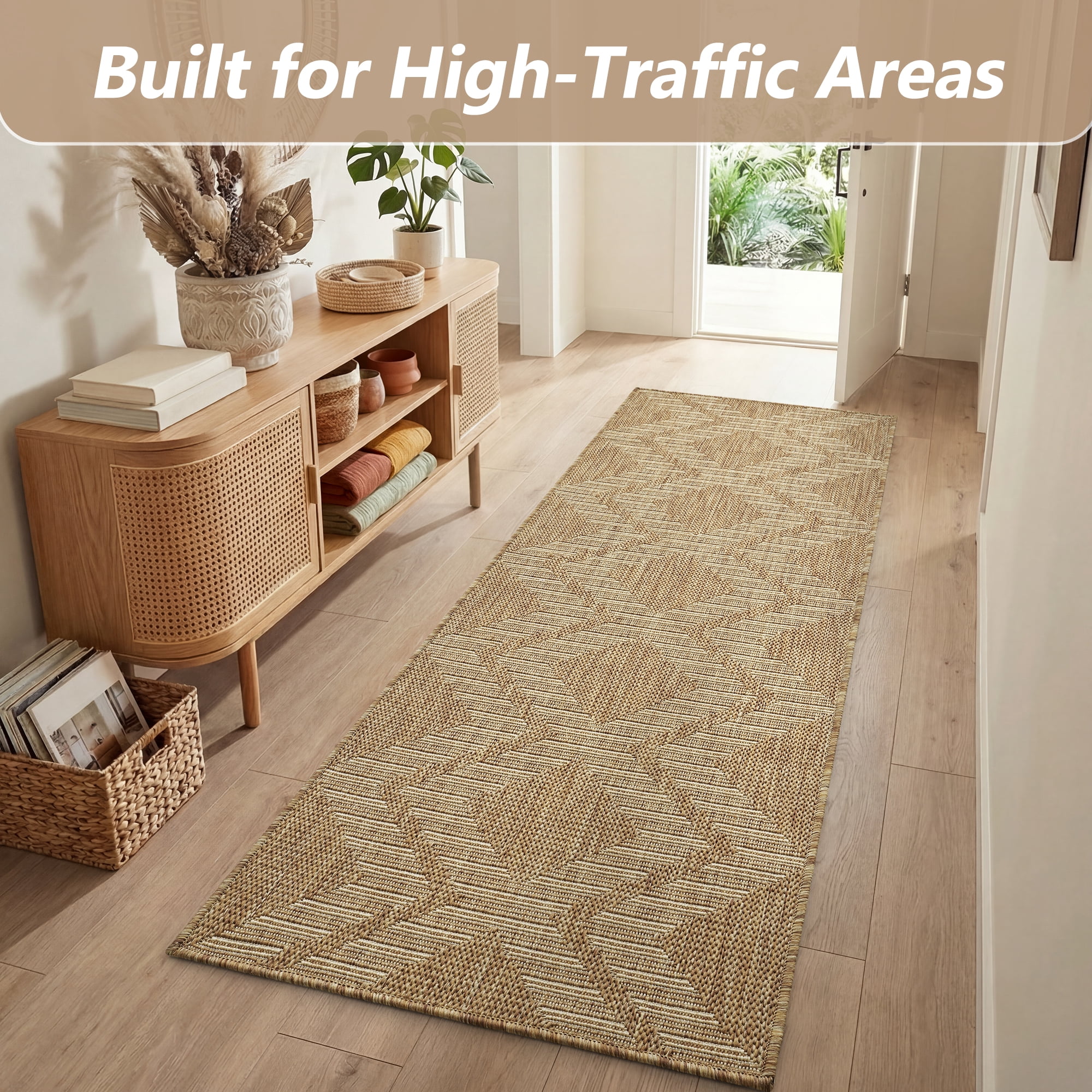 SIXHOME Outdoor Rugs 2'x8' Runner, Bohemian Geometry Patio Rug, Indoor Outdoor Polypropylene Weave Textured Carpet, Water-Resistant, Quick-Dry Rug for Porch, Balcony, RV, Garden, Neutral Brown