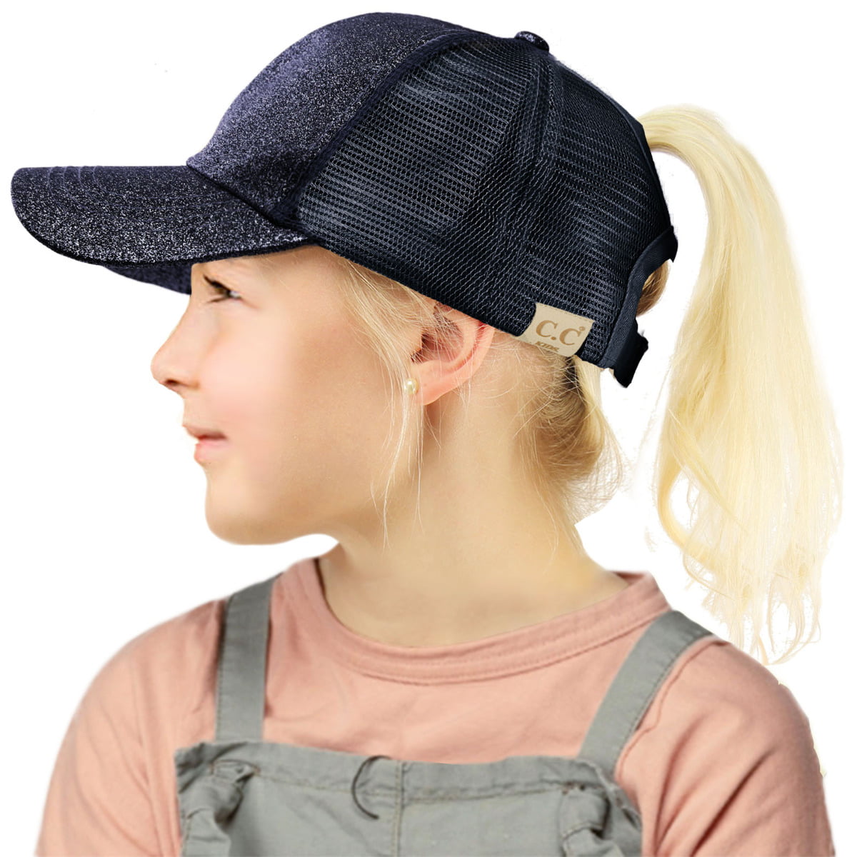 Kids Size Ponycap Messy High Bun Ponytail Adjustable Glitter Baseball Cap Hat 