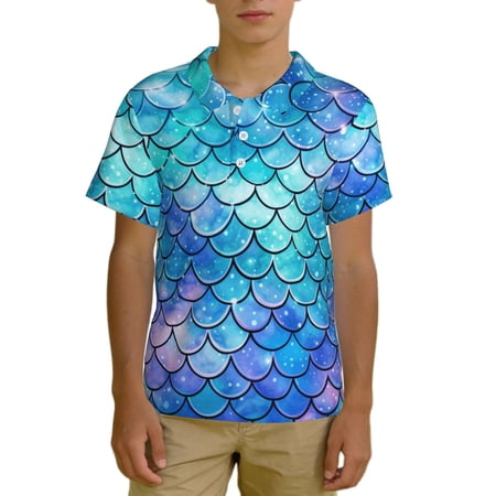 Boys Fashion Polo Shirts Kids Casual Short Sleeve Golf Performance Top Mermaid Scales Fish Scale Blue