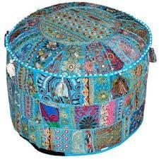 18x18x13 Embroidered Ottoman Stool Pouf Cover Turquoise Green Floral Hassock Pouffe Case Indian Pouffe Footstool Cover Round Patchwork Embroidered Pouf Ottoman Cover Yellow Cotton Floral Traditional