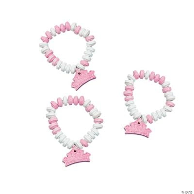 Princess Candy Bracelets with Charm (12 Pieces) Pink and White, Stretchable