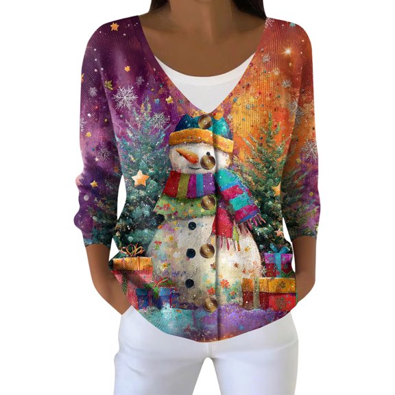 Women's Fashion Long Sleeve Christmas Snowman Snowflake Print Jacket Cardigan for Holiday Party and Casual Daily Wear,Purple Pink,M