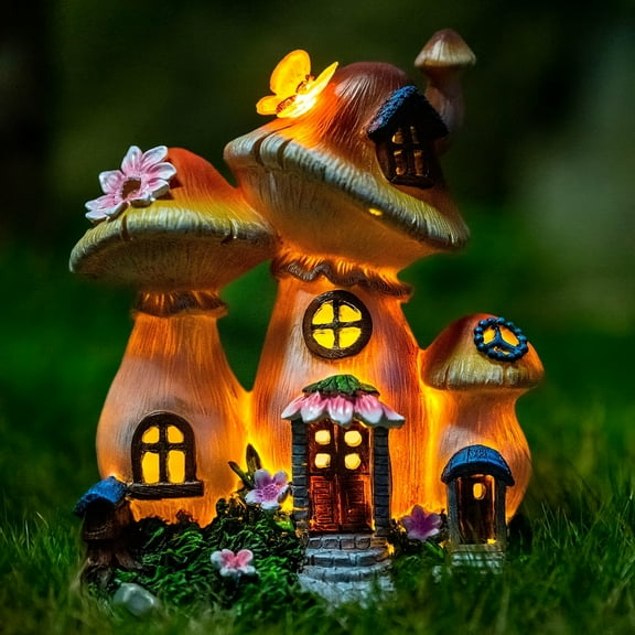 Outdoor Garden Statue Decor, Solar Mushroom House Sculptures with Glowing Butterfly
