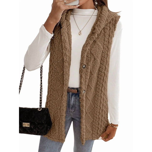 Chaleco Informal con Capucha de de Doble Cara para Mujer, Otoño-Invierno, Informal, Extragrande, Cálido, con Botones. Marrón L