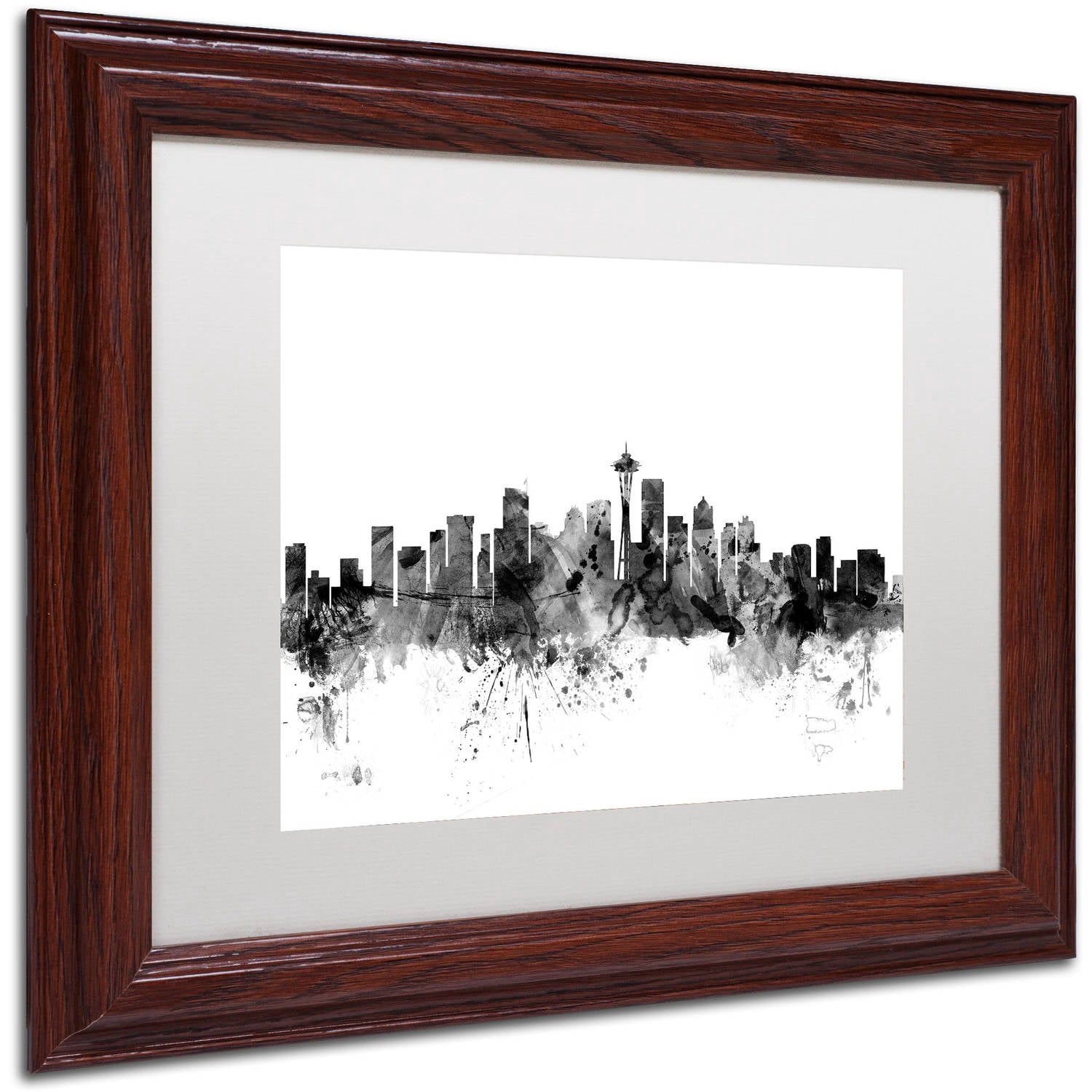 Trademark Fine Art "Seattle Washington Skyline B&W" Canvas Art by Michael Tompsett, White Matte, Wood Frame