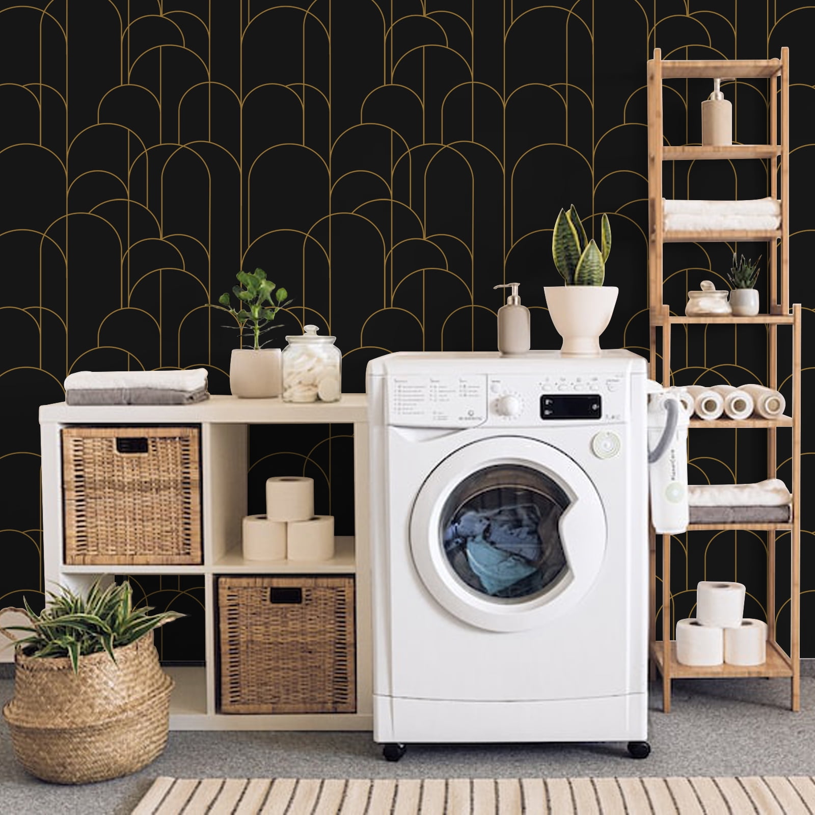 (4 pack) Abyssaly Black Peel and Stick Wallpaper Strip Line Contact Paper 17.7" x 78.7" Black/Gold Geometric Self-Adhesive Removable Vinyl Wallpaper for Bedroom