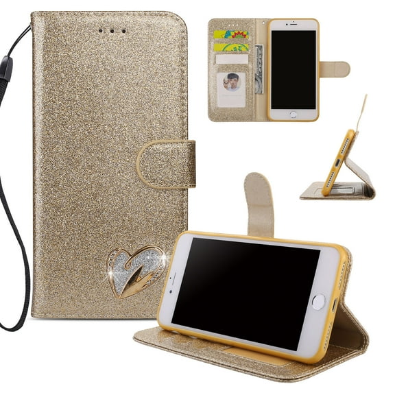 iPhone 8 Plus Case Wallet, iPhone 7 Plus Case, Allytech Glitter Folio Kickstand with Wristlet Lanyard Shiny Sparkle Luxury Bling Card Slots Slim Cover for Apple iPhone 7 8 Plus (Gold)