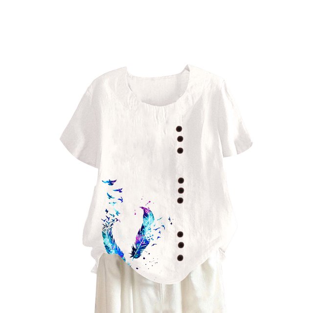 Camisetas de Manga Corta para las Mujeres Botón de Impresión Casual Cuello Redondo Camiseta Superior, Blusas para las Mujeres Casual