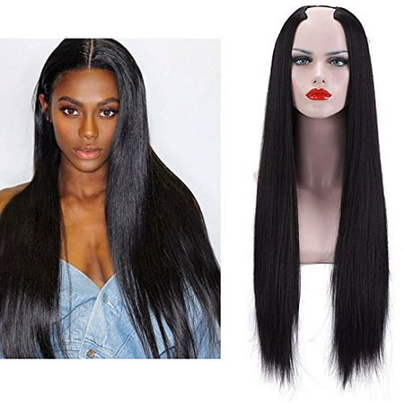 Clip in U part Half Wig For Black Women Black Silky Straight Long Hair  Extensions Synthetic Hairpiece Full Head Thick 1Pc None Lace Front Hair  Wigs Heat Friendly Fiber 28