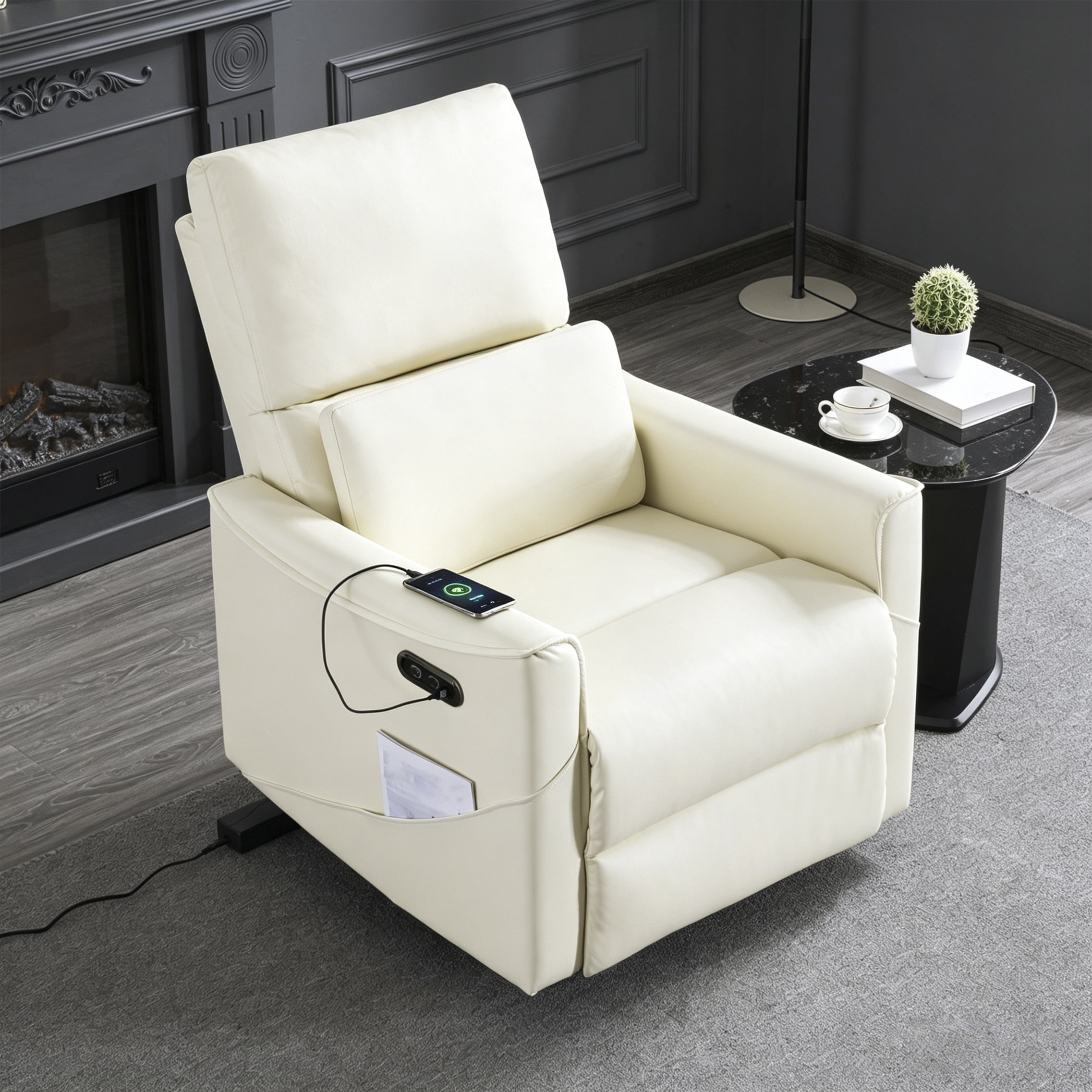 Gewnee 29.13"Power Rocking Recliner Chair,360°Swivel Recliner Chair with USB & Type-C Ports,Adjustable Reclining Positions,PU Swivel Recliner for Living Room,Office,Bedroom.Beige