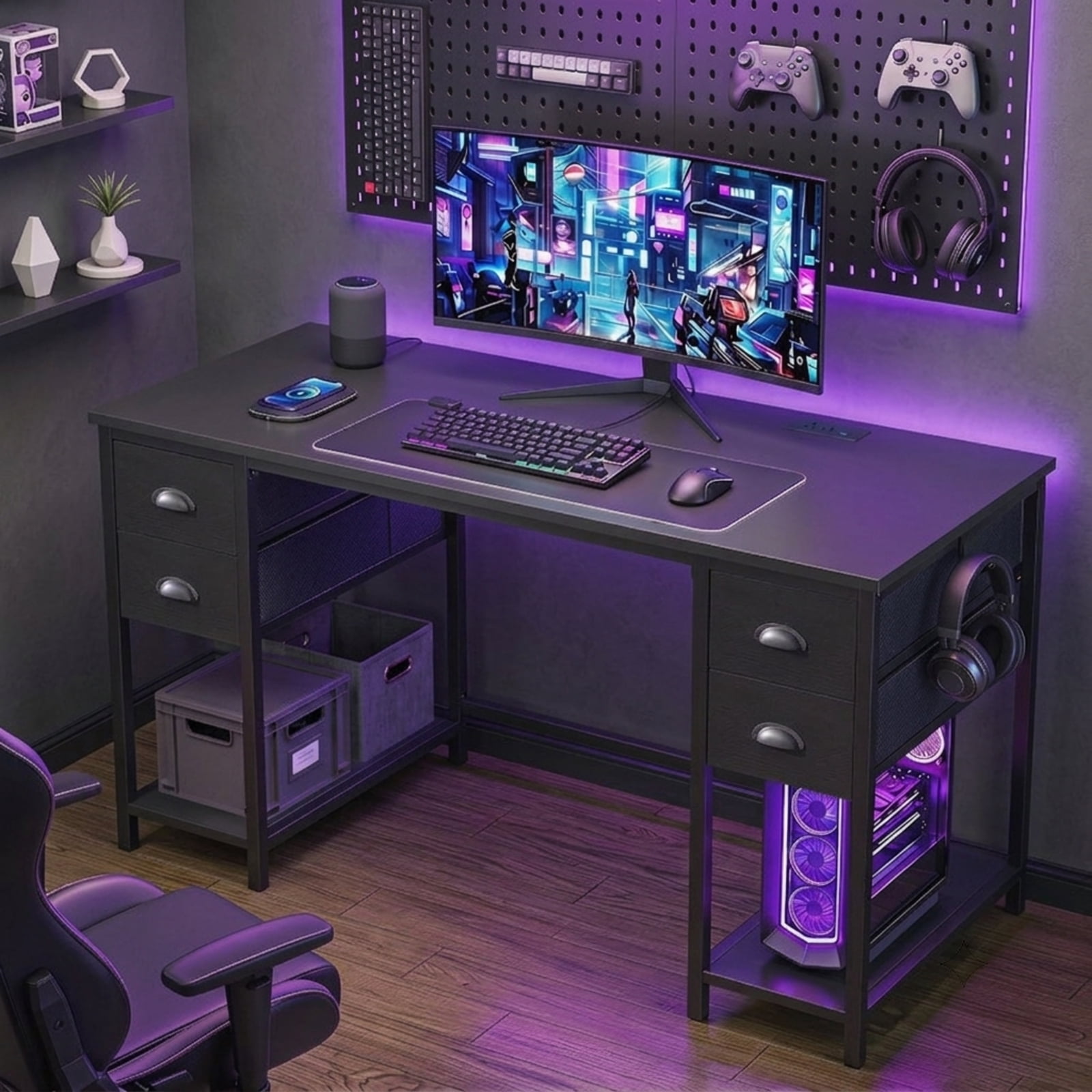 Furnibear 48 Inch Computer Desk with Power Outlet, Home Office Desk with 4 Fabric Drawers and Storage Shelves for Study, Black