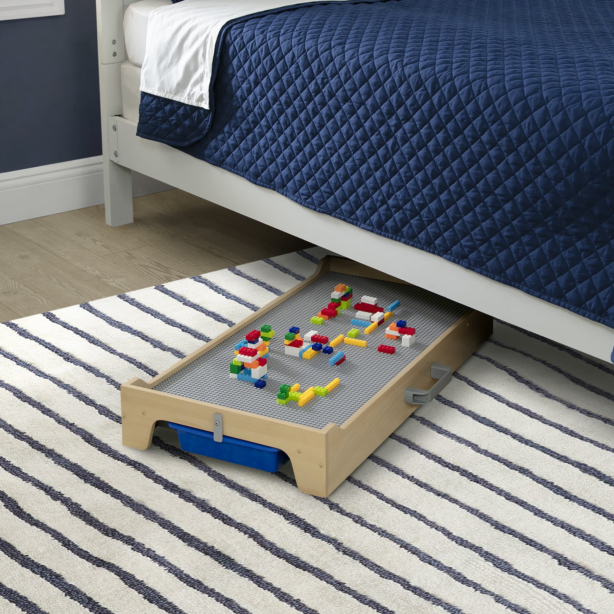 Delta Children Wooden Play N Store Building Bricks Play Table with 100+ Play Bricks Included - Large Brick Plate Compatible with LEGO, MegaBlocks & More - Legs Fold for Easy Under Bed Storage, Grey