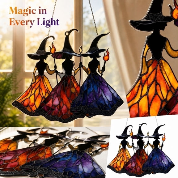 Stained Glass Window Hanging with Three Witches, Halloween Outdoor Window Decorations for Porch and Yard, Hanging Witch Hats Decor, 1 Piece