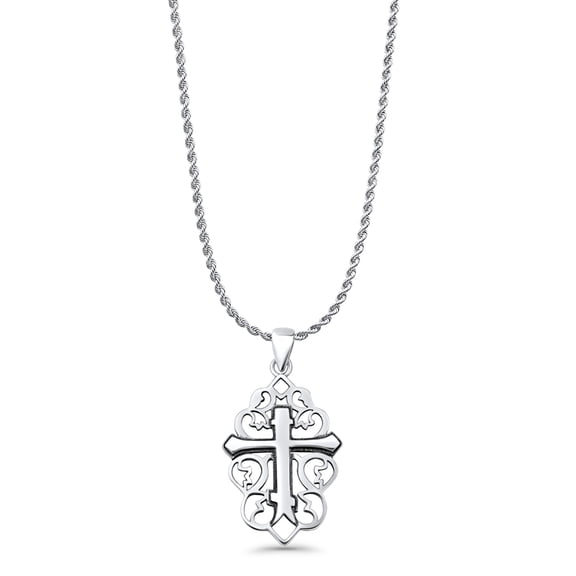 16" Long 1.1mm Rope Chain- Cross Pendant Oxidized Filigree 925 Sterling Silver Gift For Her